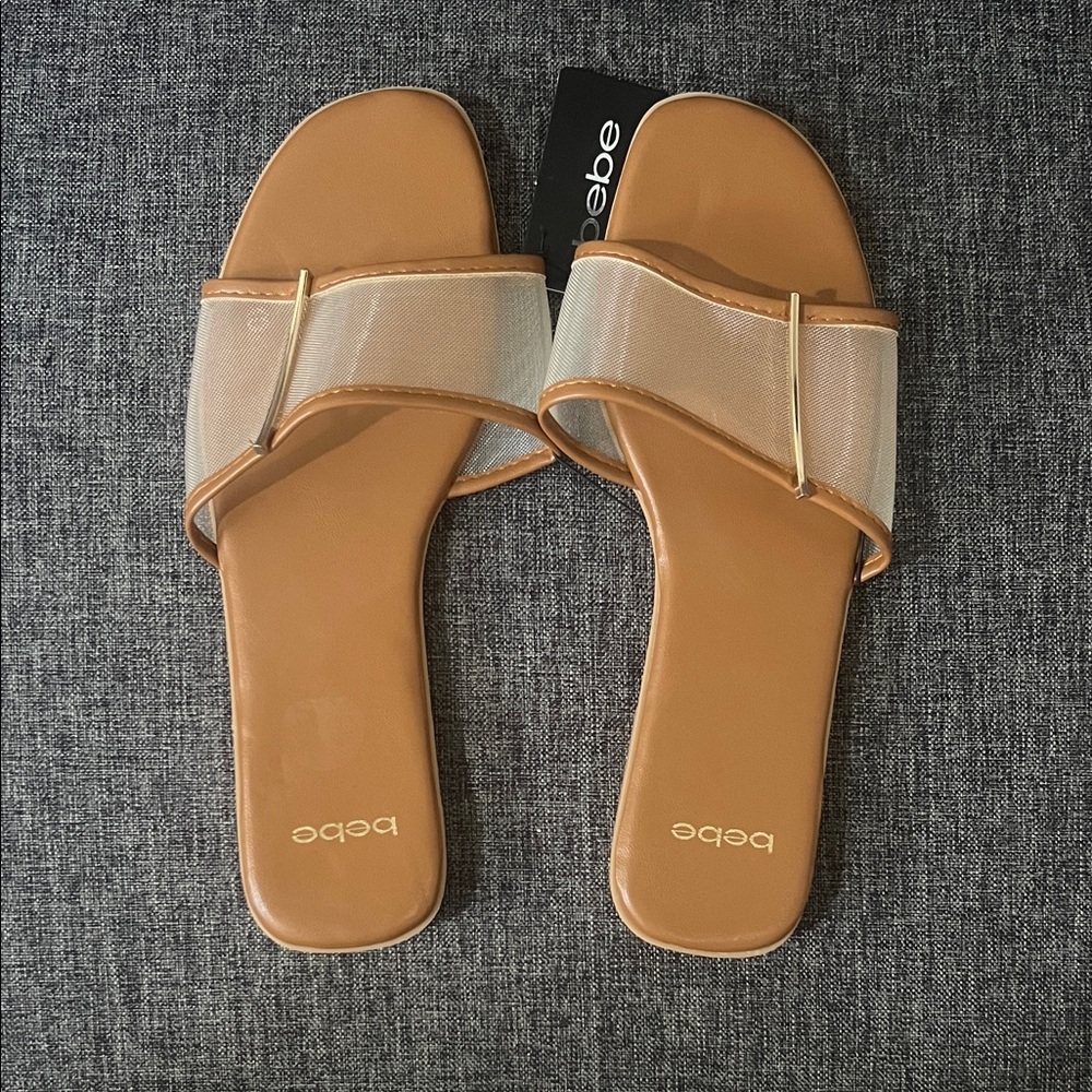 Bebe Tan and Cream Slide Sandals